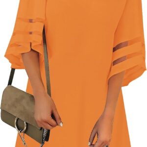 LookbookStore Women Casual Crewneck Mesh Panel 3/4 Bell Sleeve Loose Tunic Dress
