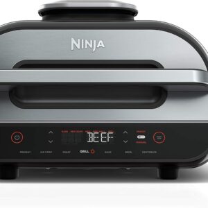 Ninja | Indoor Grill and Air Fryer| Foodi Smart XL | 6-in-1 Grill, Air Fry, Roast, Bake, Broil, Dehydrate & Crisp |Smart Thermometer & Splatter Shield | Dishwasher Safe Parts | Black/Silver