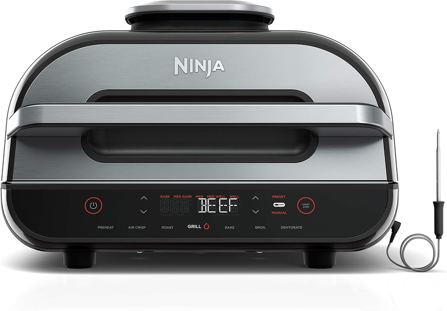 Ninja | Indoor Grill and Air Fryer| Foodi Smart XL | 6-in-1 Grill, Air Fry, Roast, Bake, Broil, Dehydrate & Crisp |Smart Thermometer & Splatter Shield | Dishwasher Safe Parts | Black/Silver