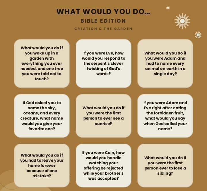 Epic 216 "What Would You Do?" Bible Edition Conversation Starters for Christian Game Nights. 2 Epic 216 "What Would You Do?" Bible Edition Conversation Starters for Christian Game Nights.