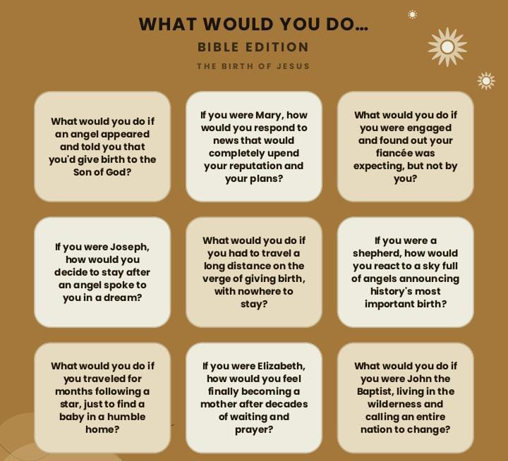 Epic 216 "What Would You Do?" Bible Edition Conversation Starters for Christian Game Nights. 5 Epic 216 What Would You Do Bible Edition Conversation Starters for Christian Game Nights.