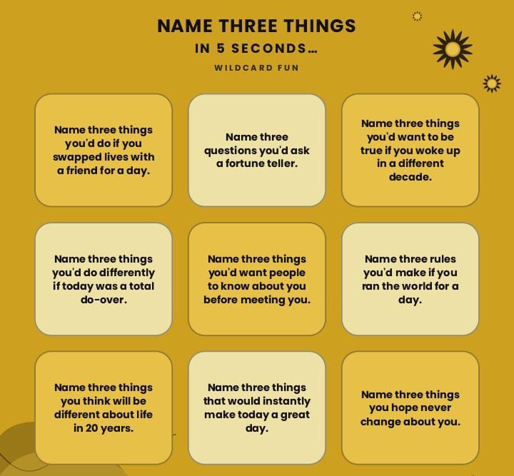 216 Fun Name Three Things In 5 Seconds Game Night Questions.