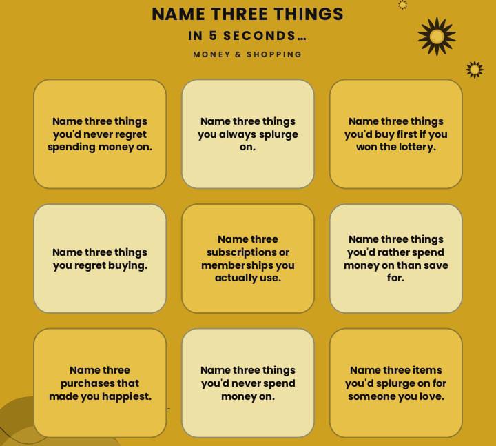 216 Fun Name Three Things In 5 Seconds Game Night Questions. 3 216 Fun Name Three Things In 5 Seconds Game Night Questions.