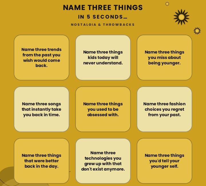 216 Fun Name Three Things In 5 Seconds Game Night Questions. 4 216 Fun Name Three Things In 5 Seconds Game Night Questions.