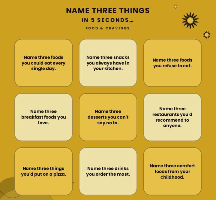216 Fun Name Three Things In 5 Seconds Game Night Questions. 5 216 Fun Name Three Things In 5 Seconds Game Night Questions.