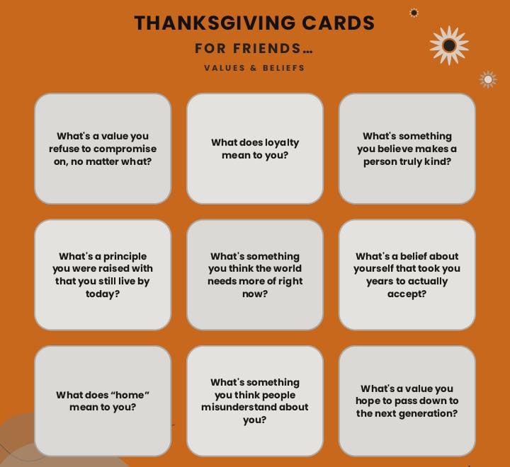 200+ Deep and Fun Thanksgiving Game Night Questions for Friends. 2 200+ Deep and Fun Thanksgiving Game Night Questions for Friends.
